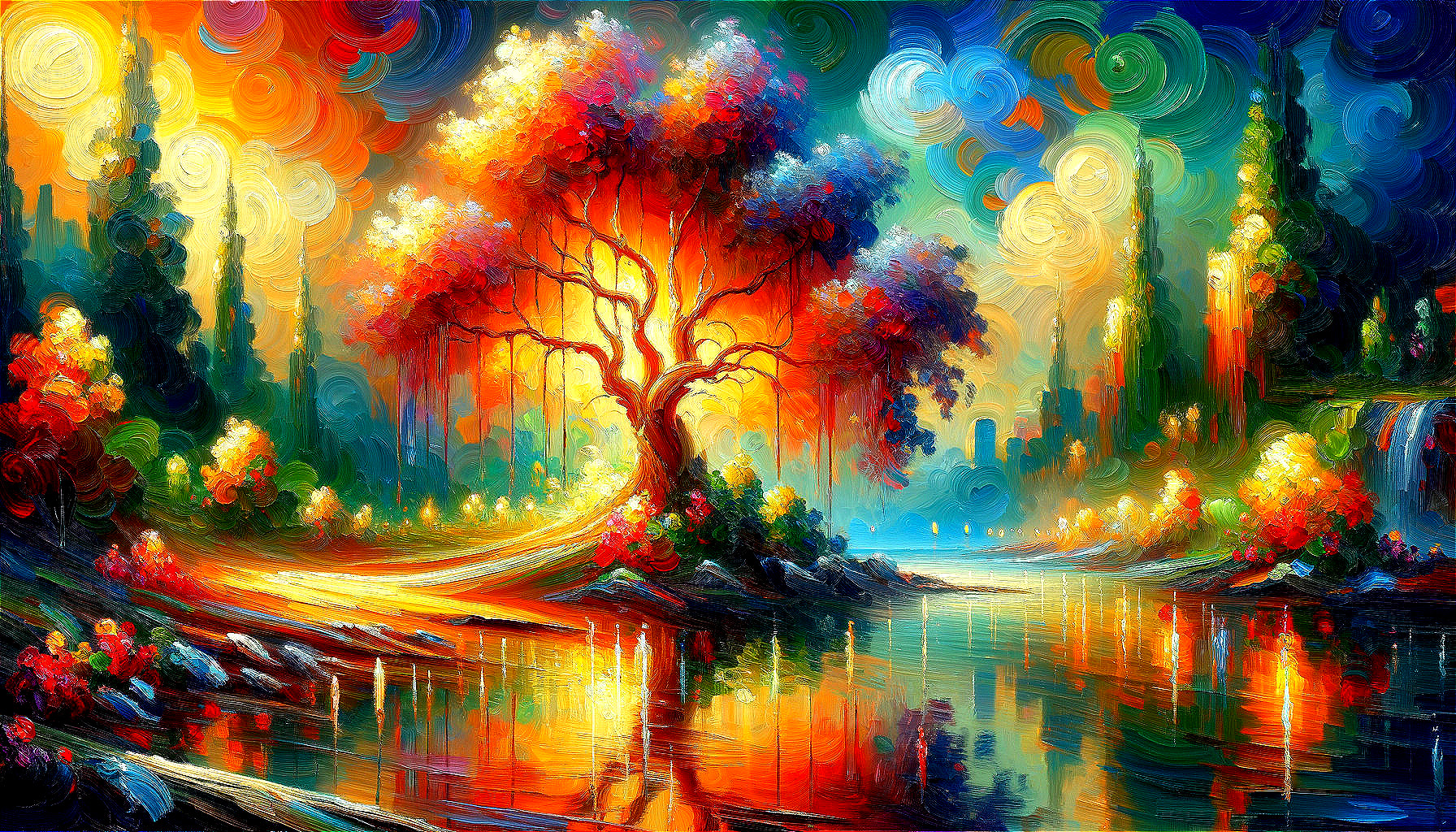 Colorful painting of whimsical tree by reflective river with waterfall, under swirling sky