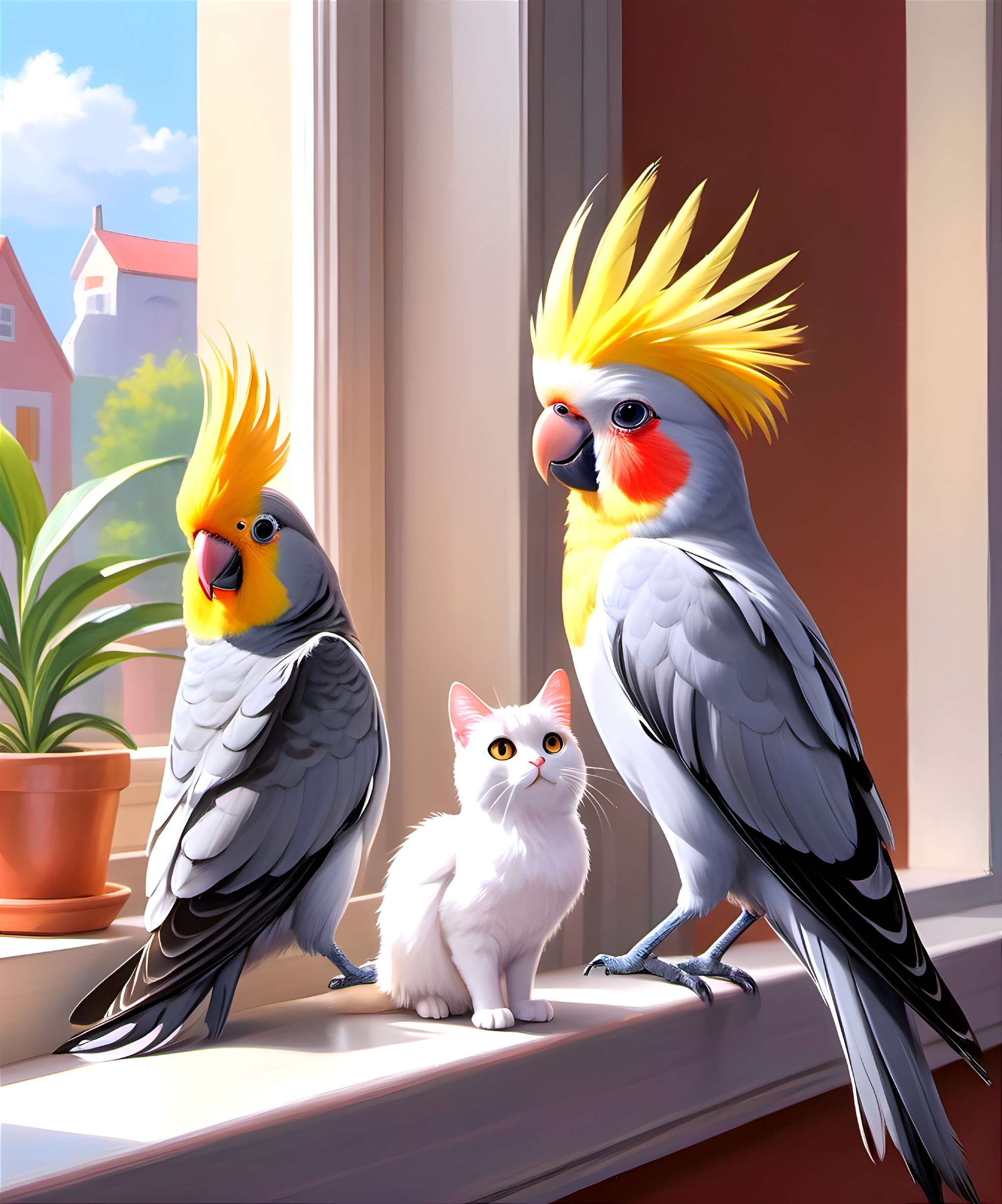 Cockatoos and Cat in a Sunny Room with Colorful View
