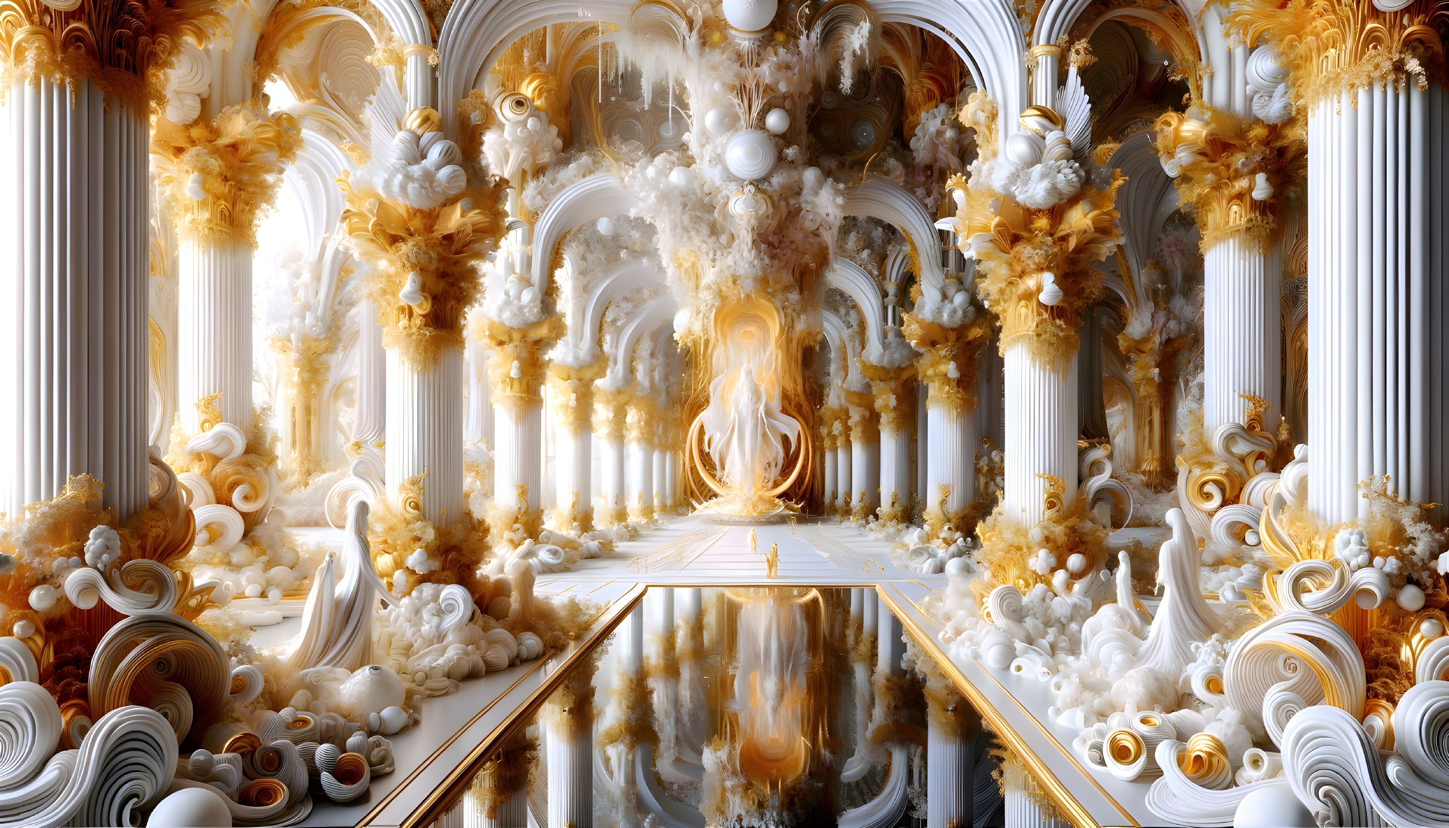 Opulent Interior with White and Gold Columns