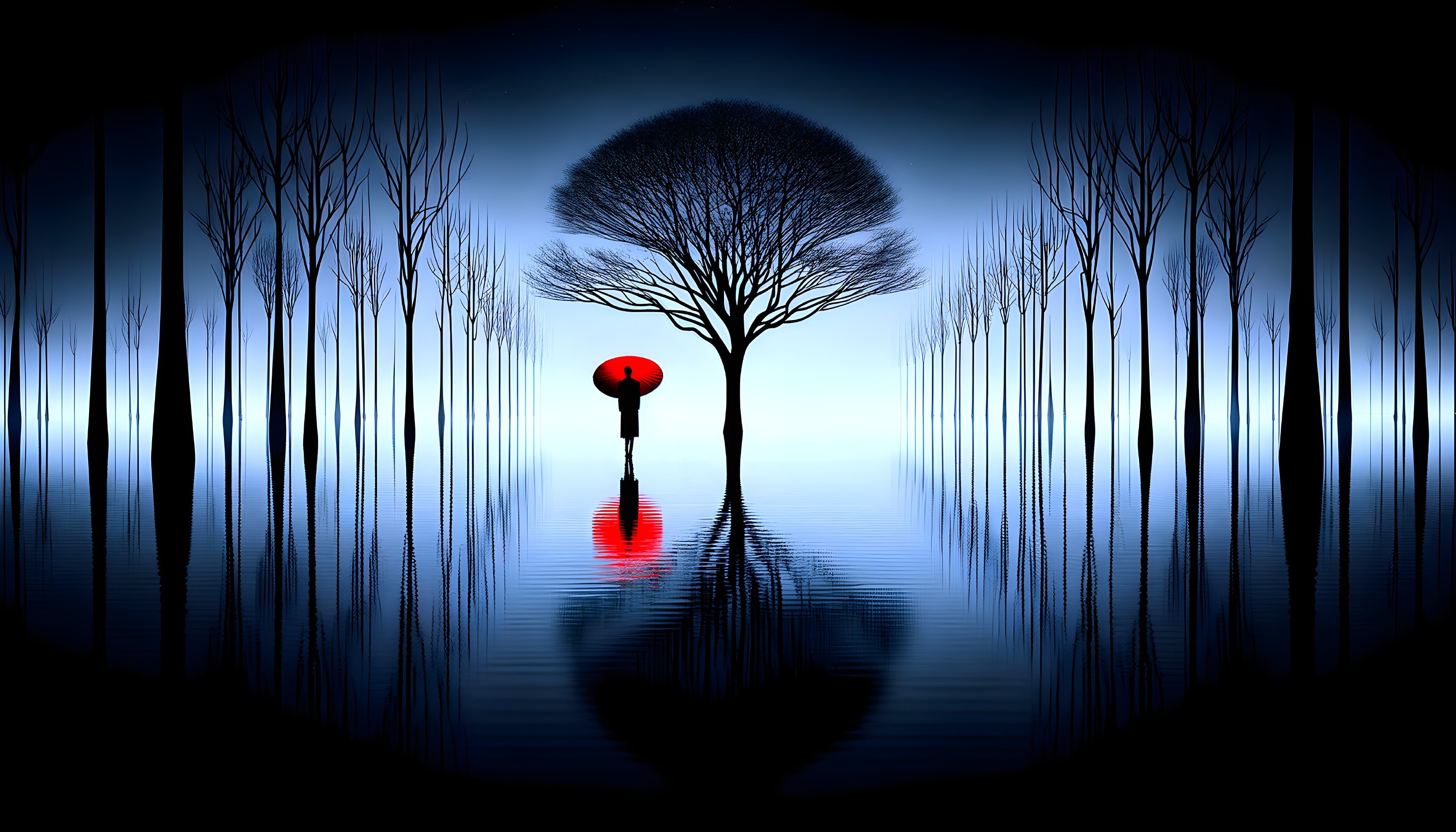 Silhouetted Trees and Figure with Red Umbrella in Landscape