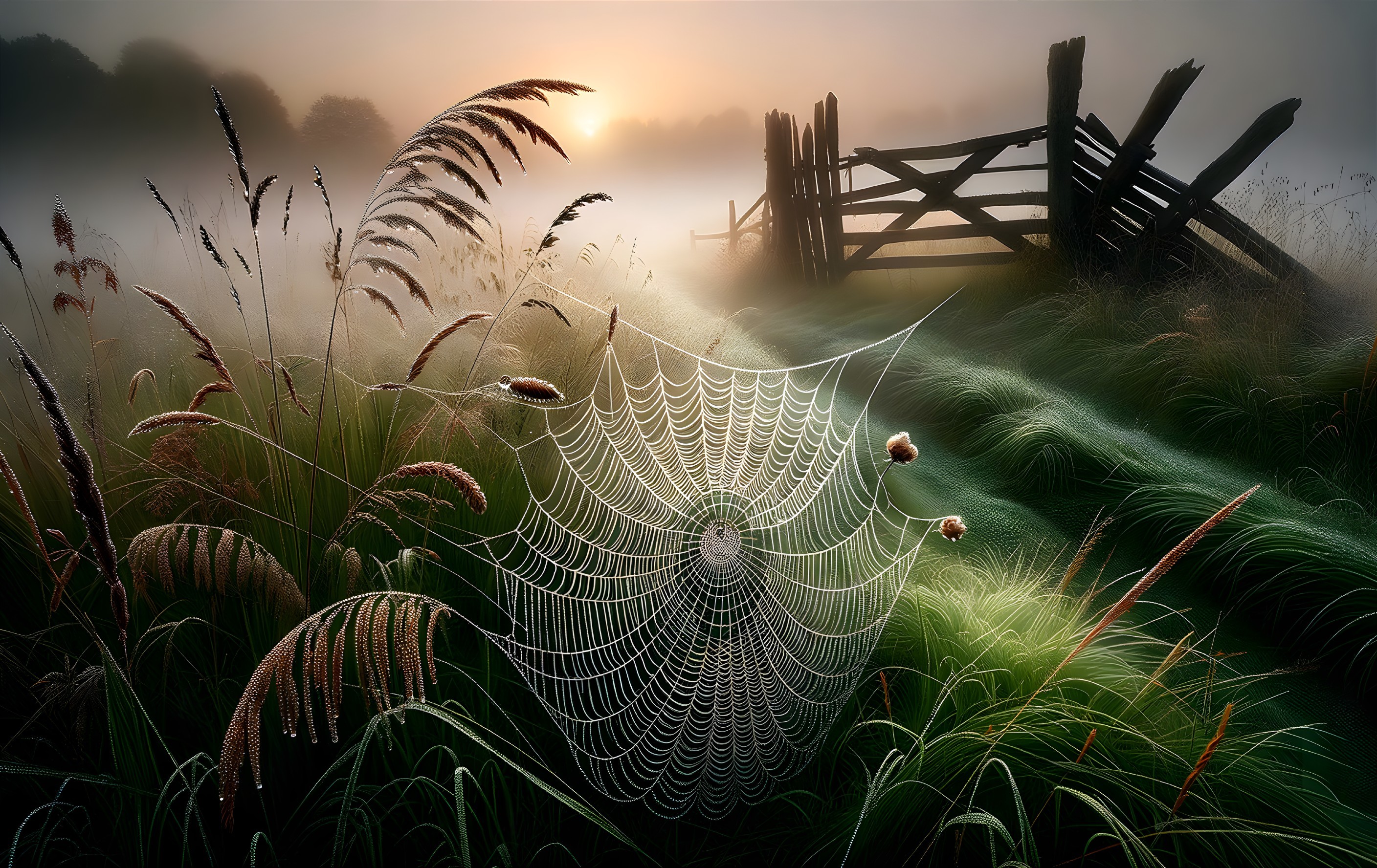 Serene Morning Scene with Dewy Spiderweb and Sunrise