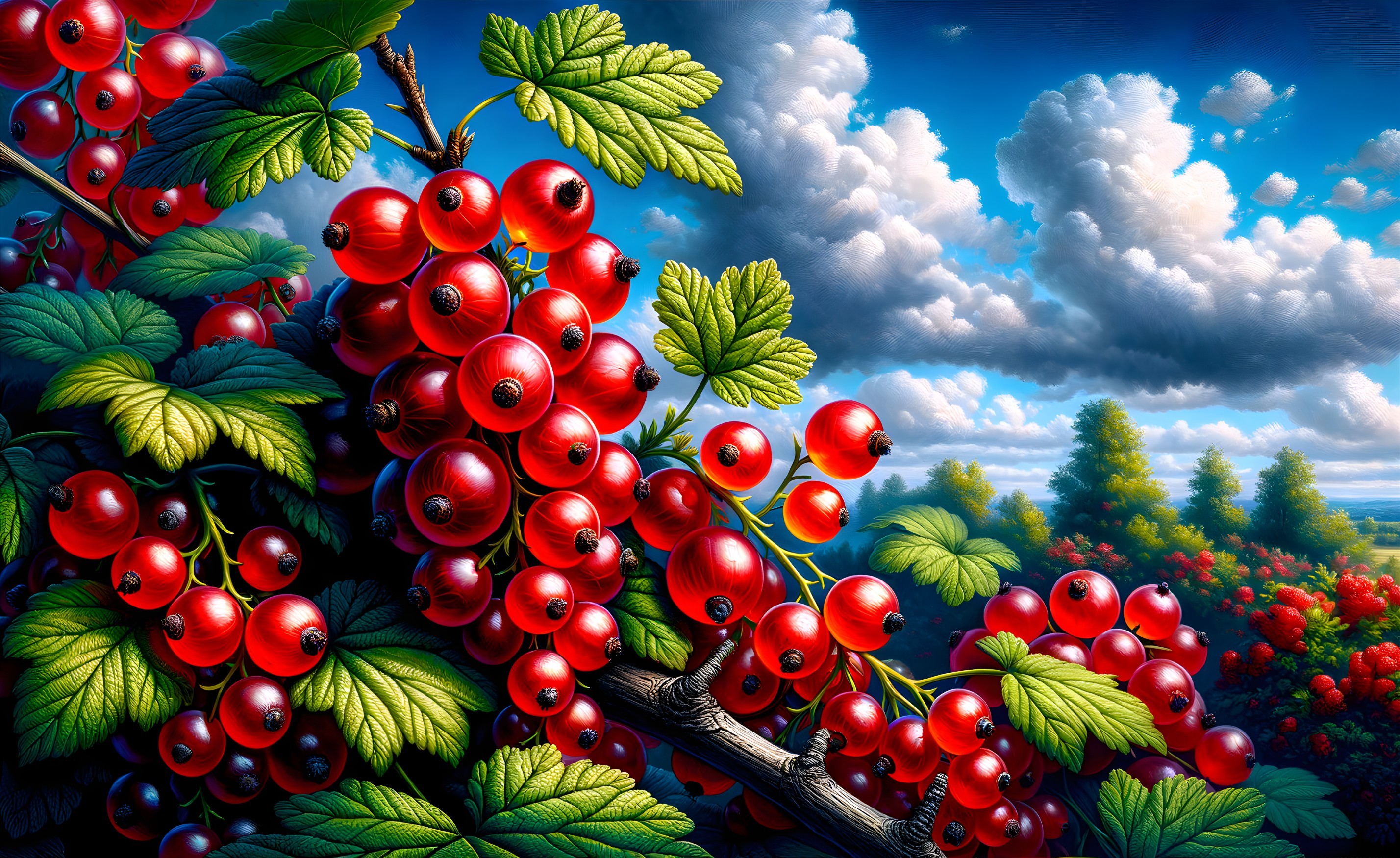 Bright Red Currants Amidst Lush Green Leaves and Hills