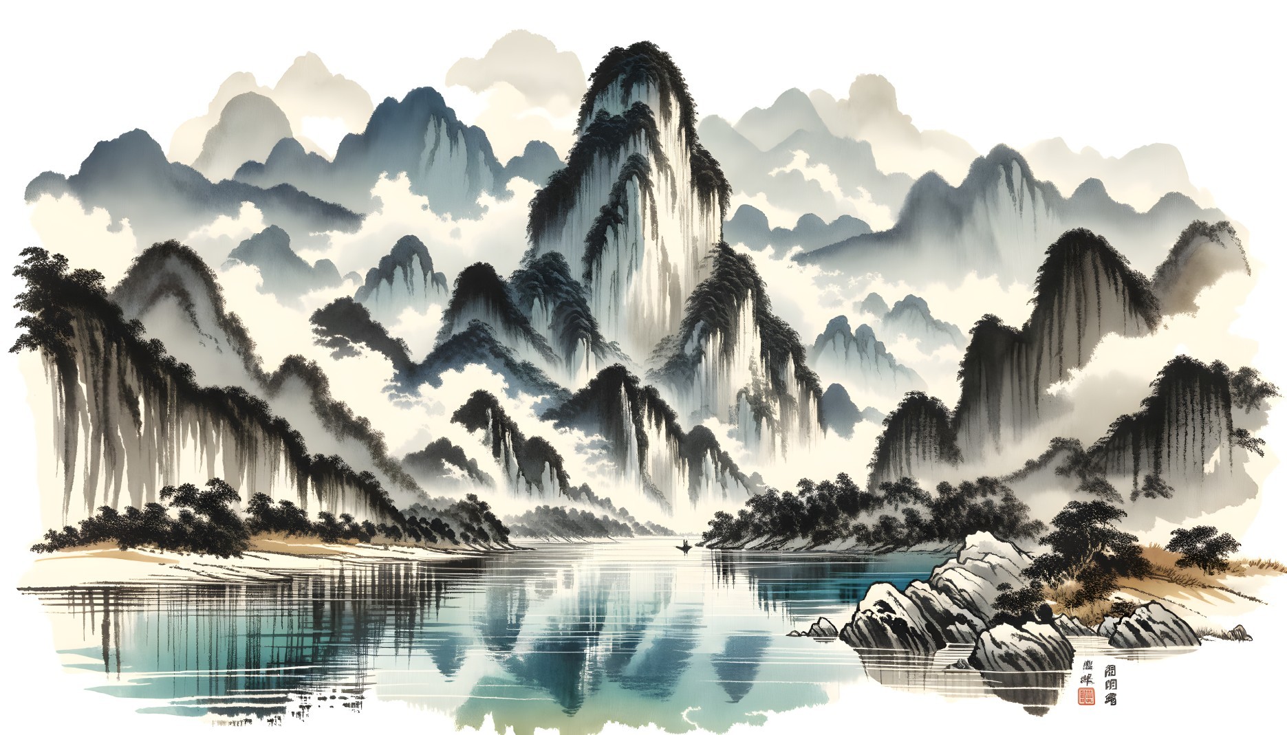 Traditional Chinese Ink Wash Painting of Misty Mountain Landscape