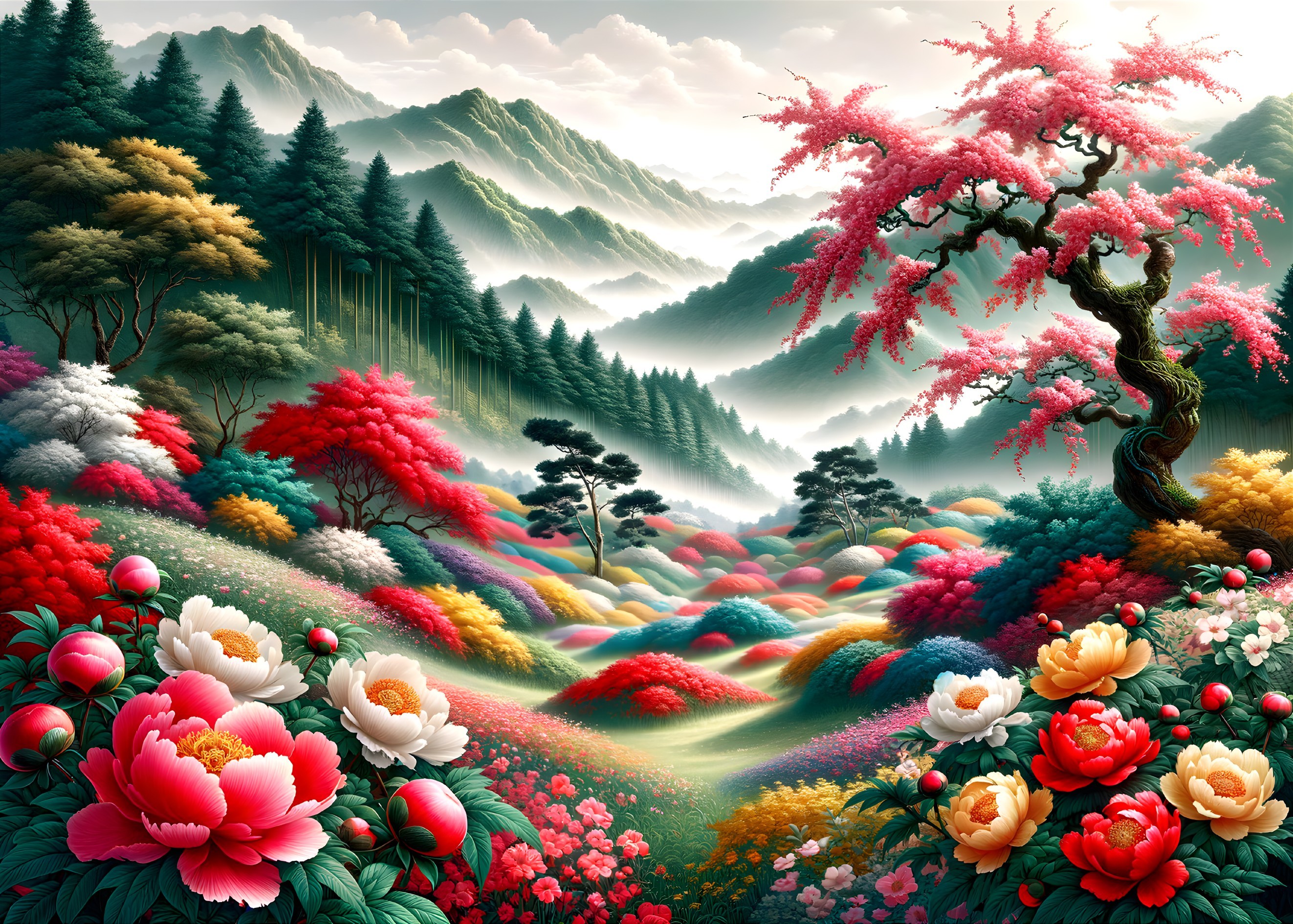 Vibrant Landscape of Colorful Flowers and Mountains