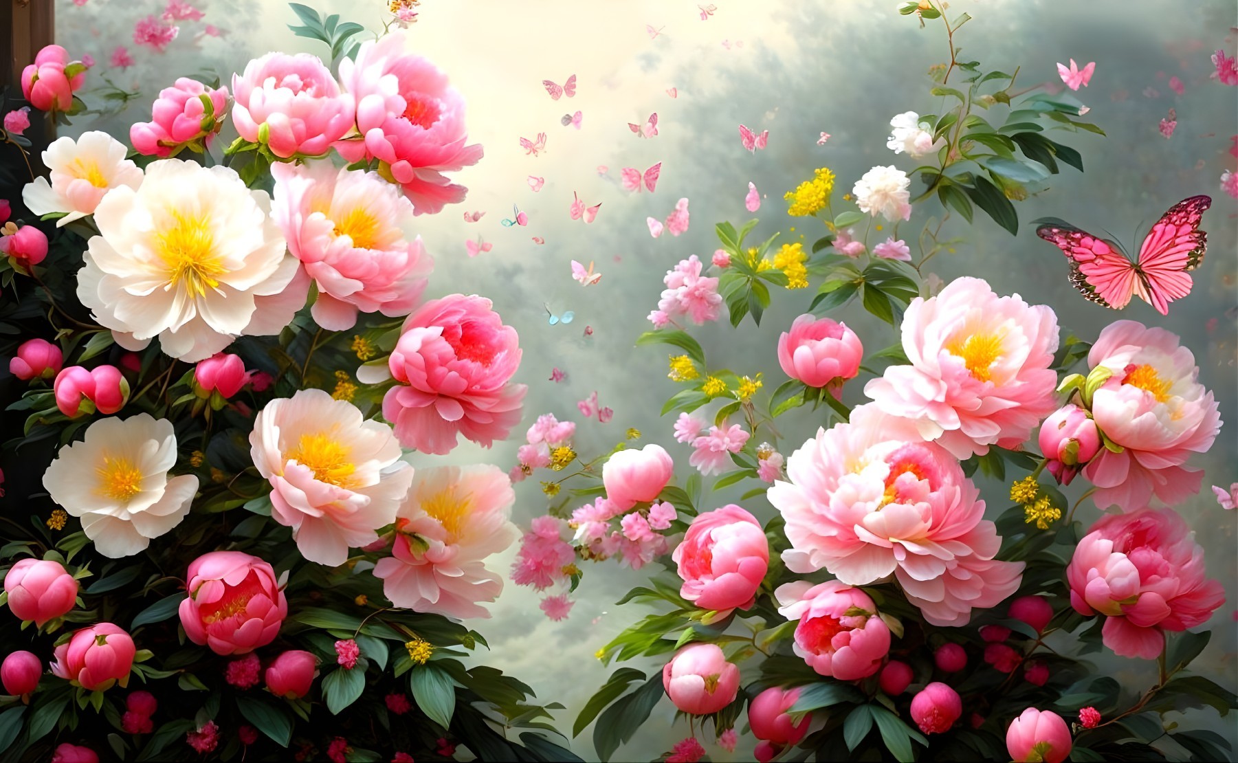 Vibrant Garden Scene with Peonies and Butterfly