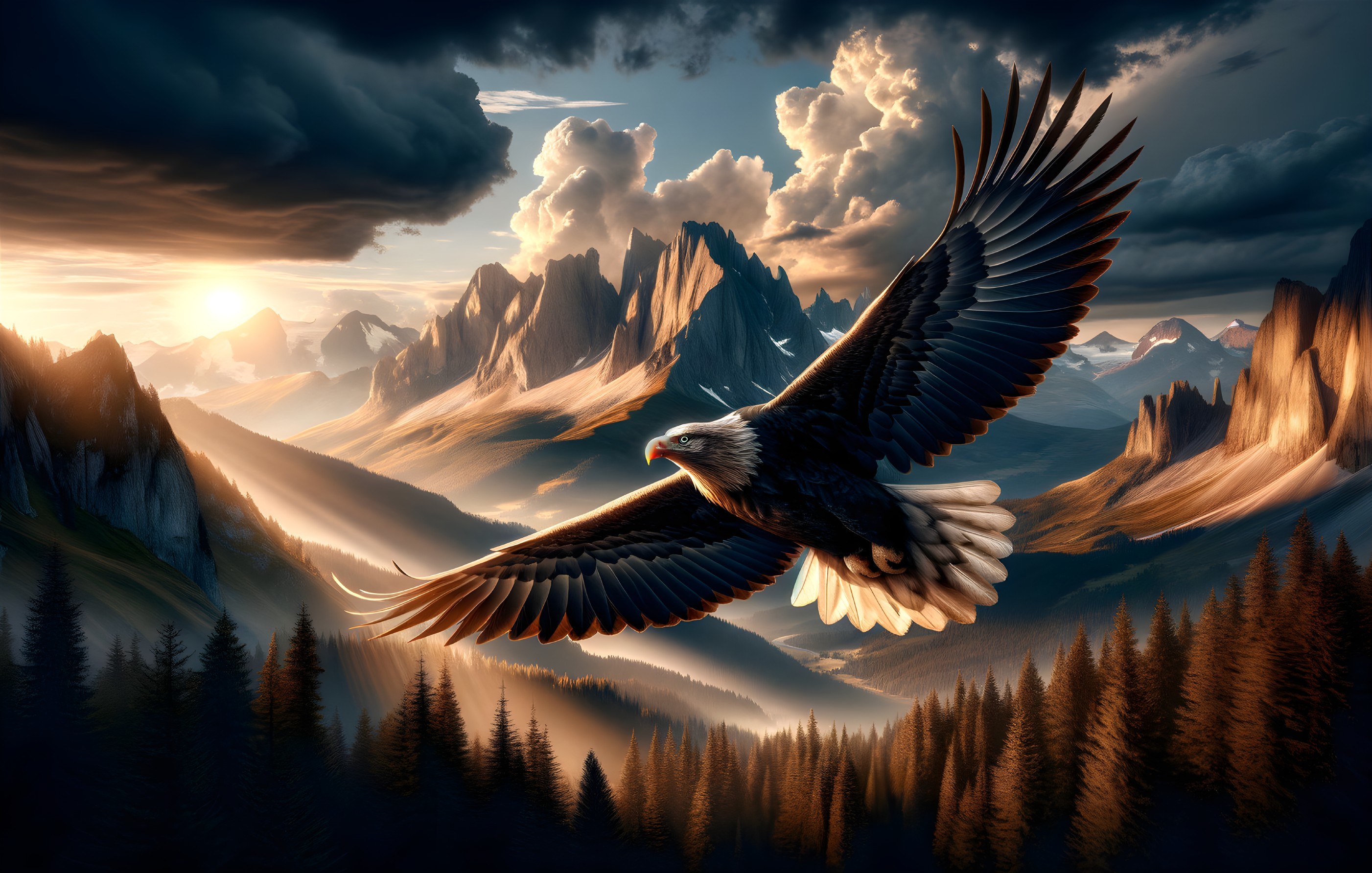 Eagle Soaring Over Mountains at Sunset with Clouds