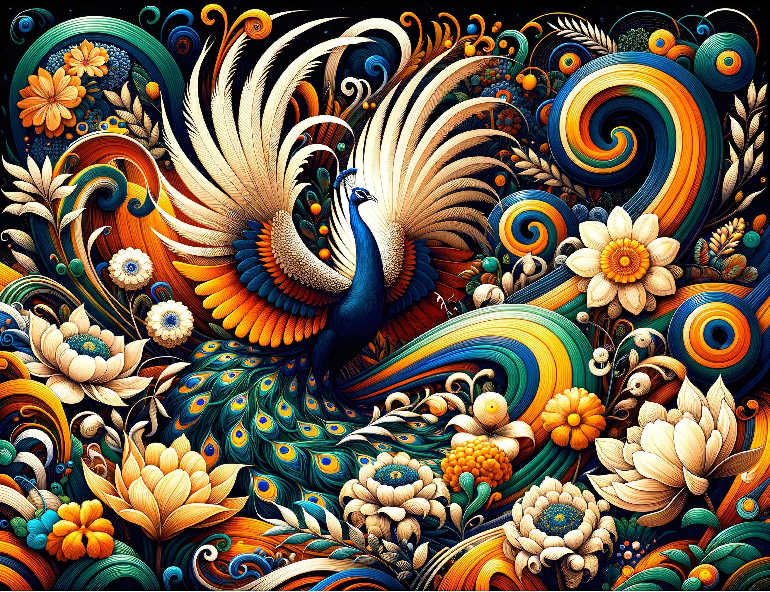 Vibrant Peacock with Floral Patterns and Swirling Designs