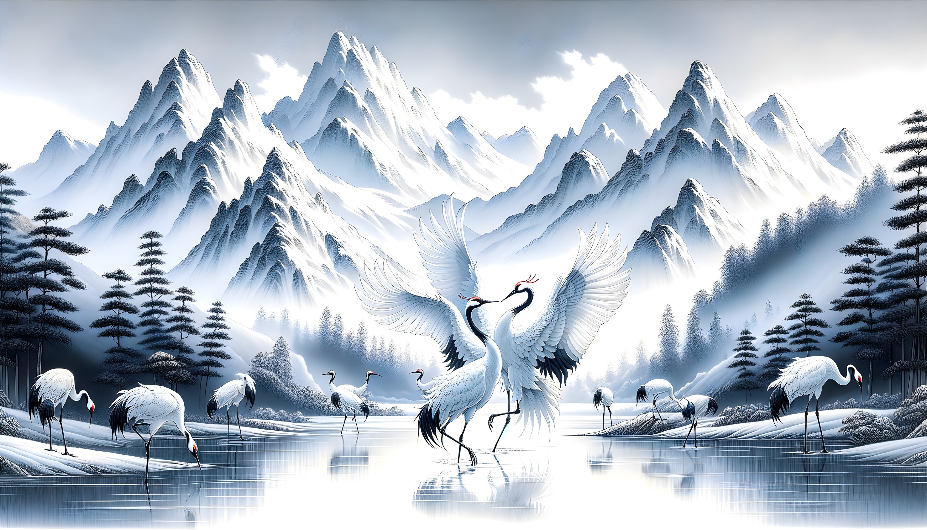 Snow-capped mountains and graceful cranes in serene winter landscape