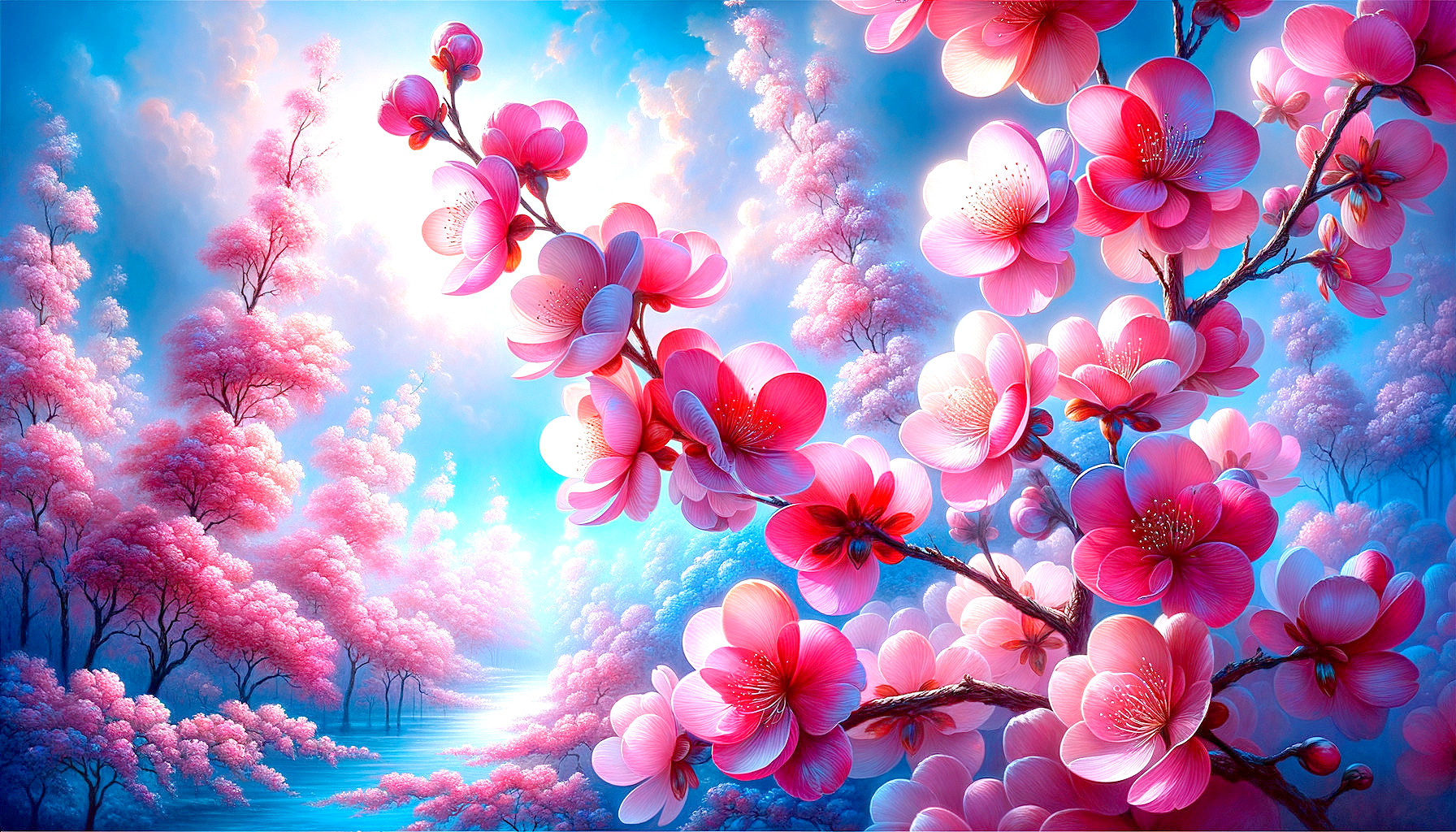 Magical forest digital artwork with pink cherry blossoms