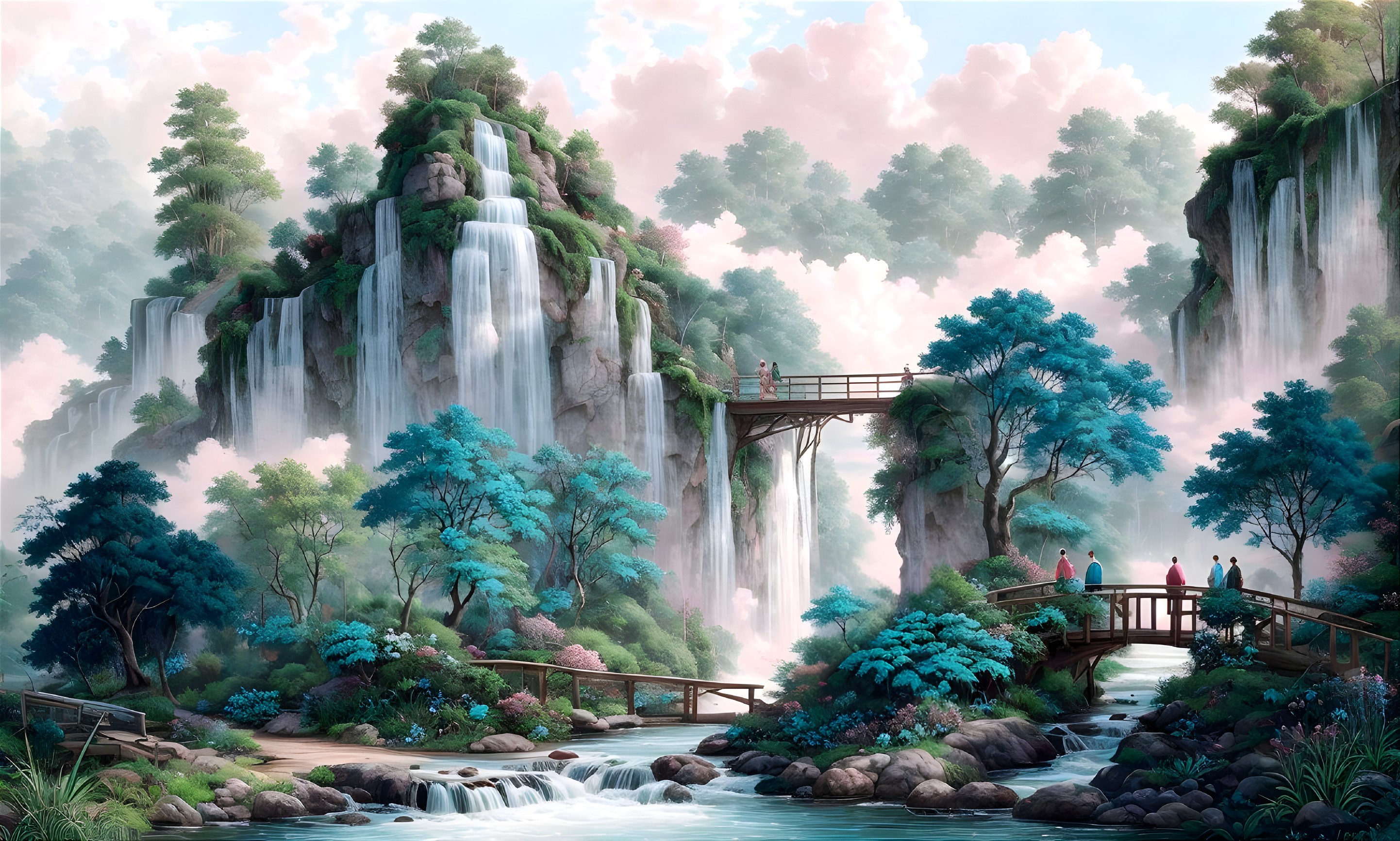 Tranquil landscape with waterfalls, wooden bridge, and lush greenery