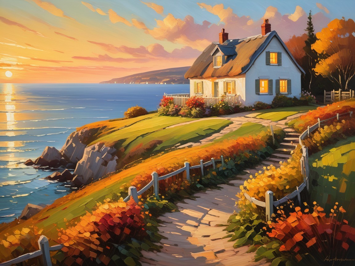 Seaside Cottage Surrounded by Autumn Foliage at Sunset