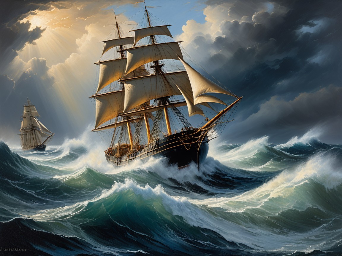 Tall Ship Navigating Turbulent Seas Under Stormy Skies