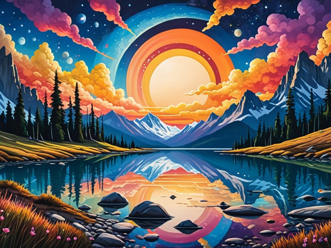 Vibrant Landscape with Serene Lake and Sunset Reflection