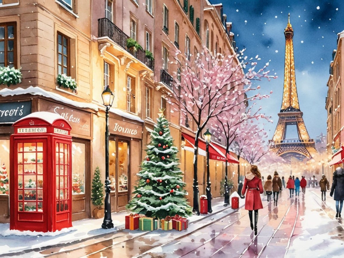 Winter Scene of Paris with Cherry Blossoms and Snow