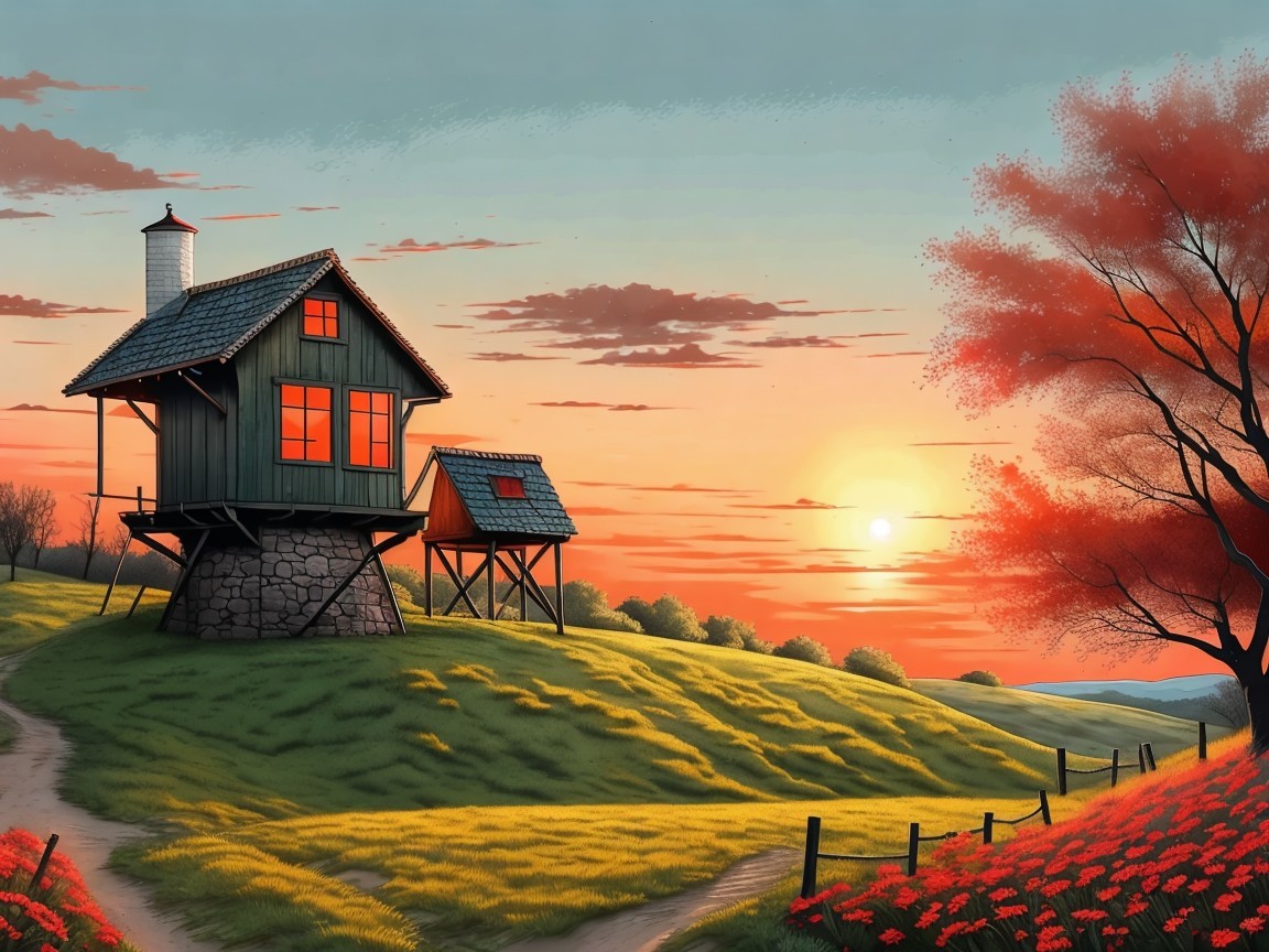 Countryside Scene with Wooden House and Sunset
