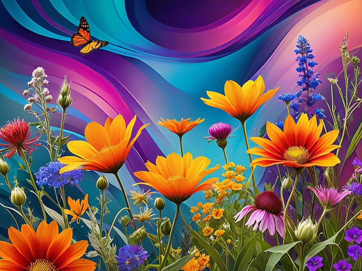 Vibrant Floral Scene with Colorful Flowers and Butterfly