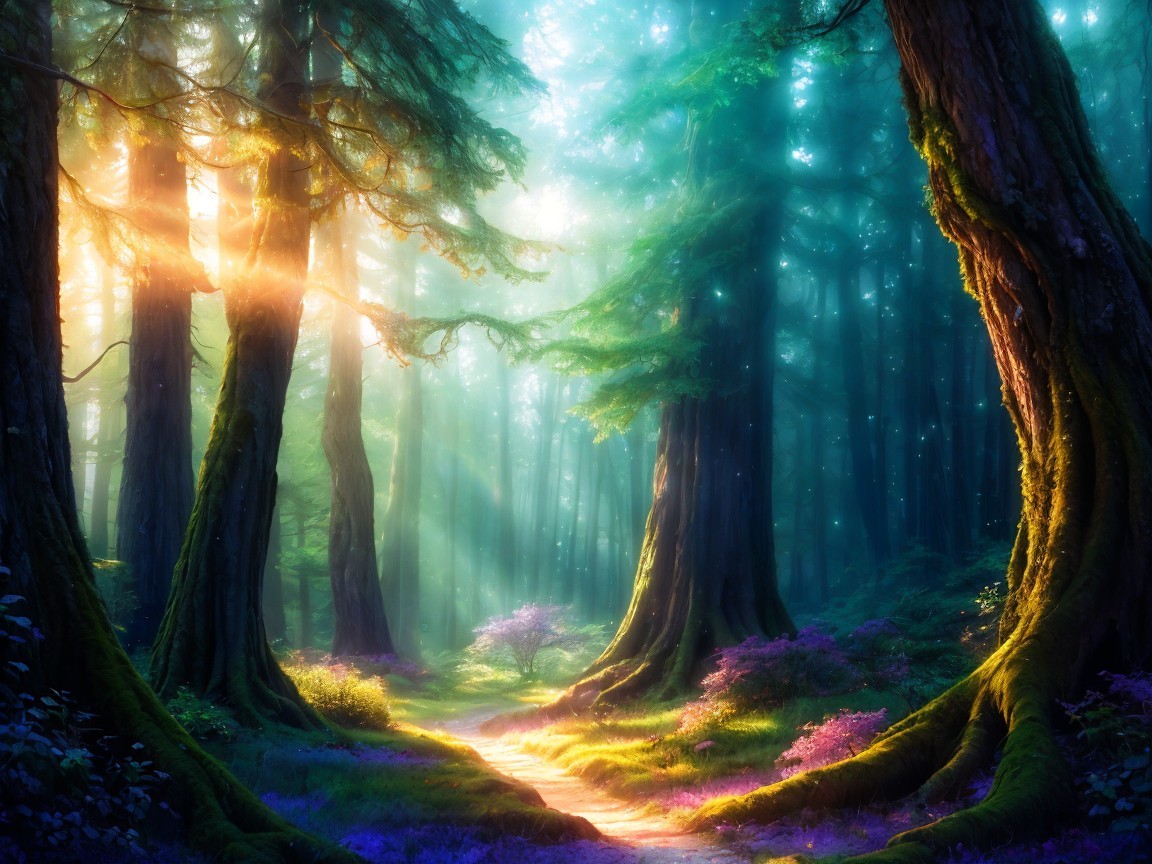 Serene forest scene with ethereal light and trees