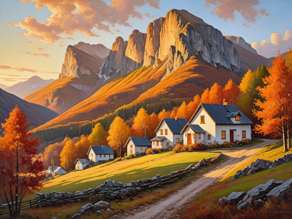Charming Village in Vibrant Autumn Landscape