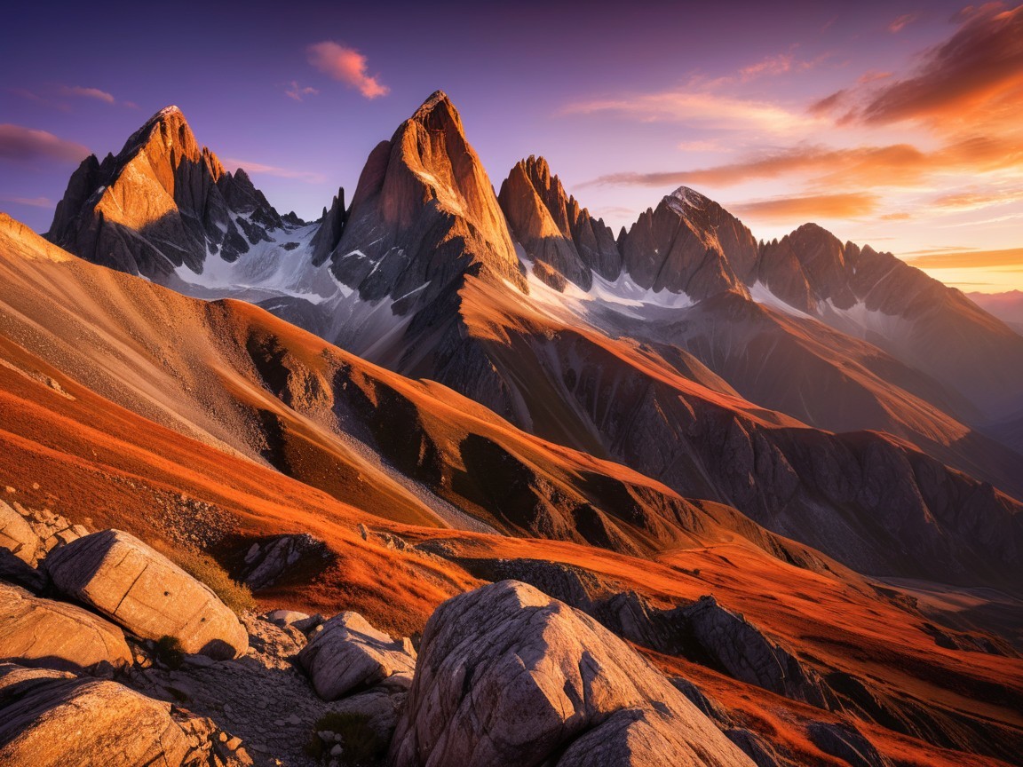 Mountain Range at Sunset with Jagged Peaks and Clouds