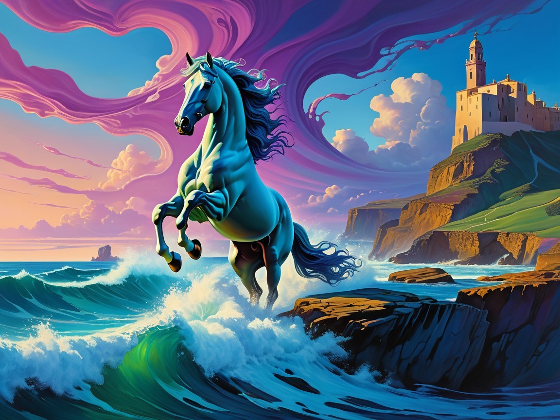 Blue Horse Leaping Amidst Waves and Sunset Sky