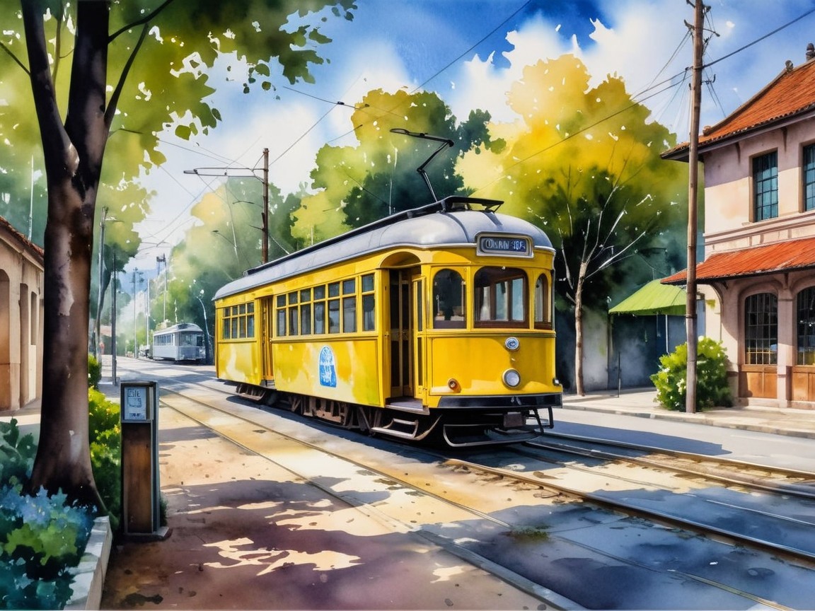 Watercolor Scene of Yellow Tram in Urban Setting