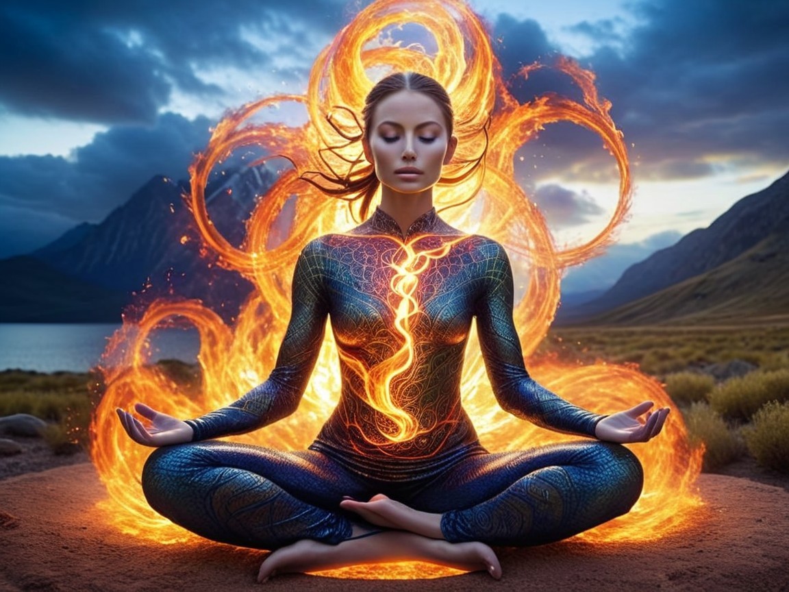 Meditating Figure in Vibrant Suit Amidst Dramatic Landscape