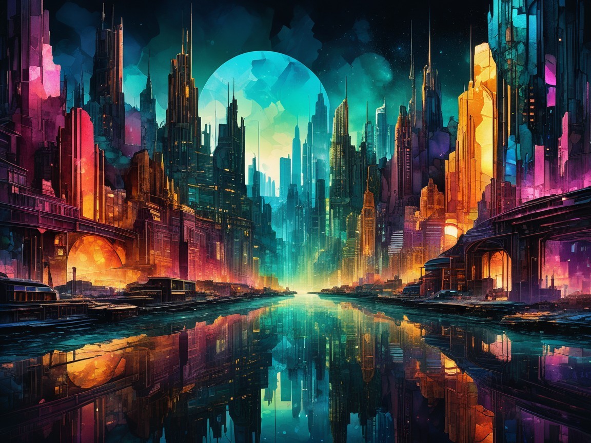 Surreal Neon Cityscape with Futuristic Architecture