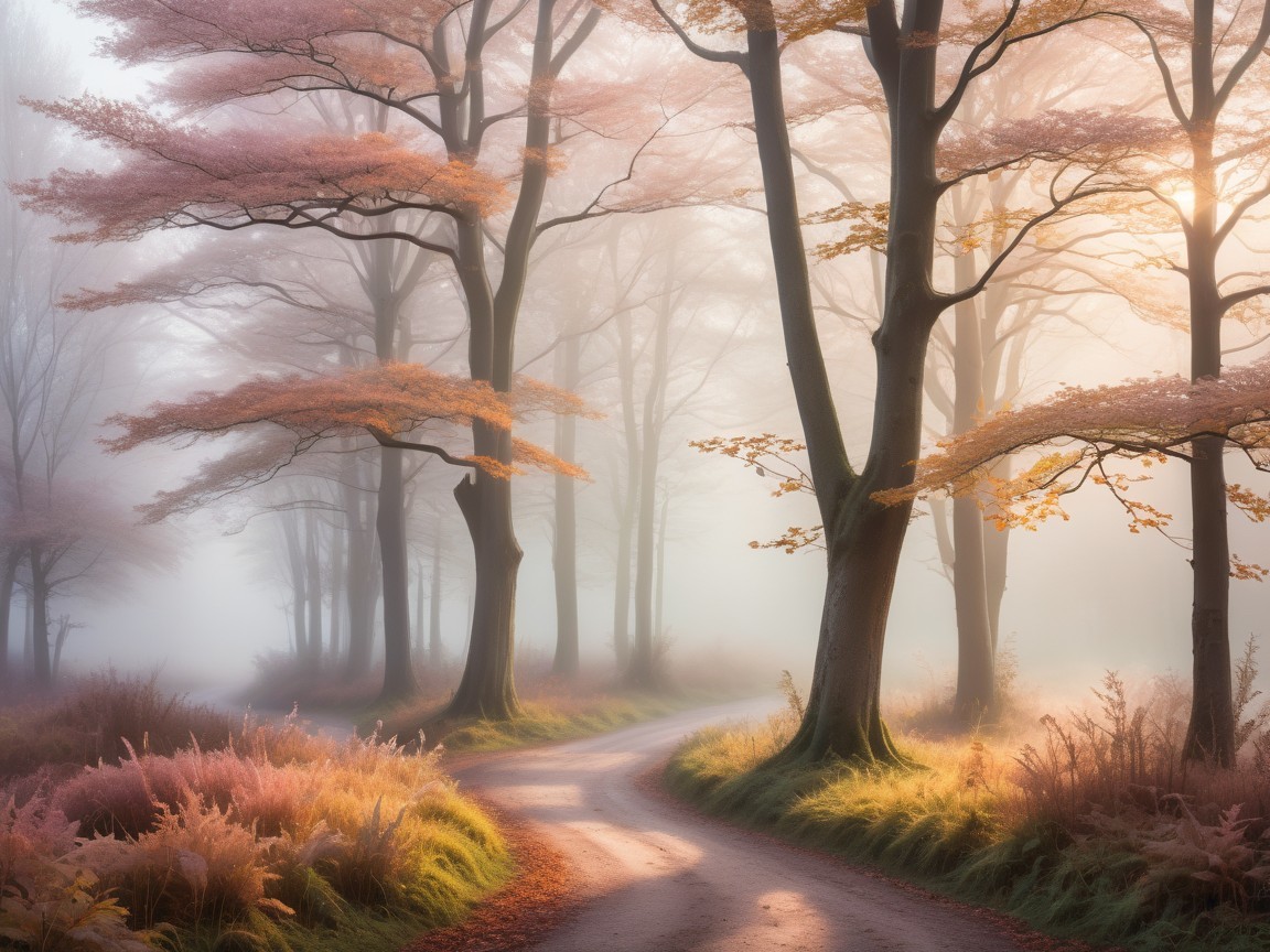 Misty Forest Path with Pink Leaves and Ferns