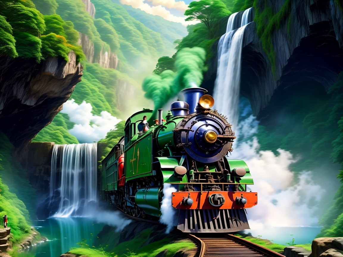 Vibrant Steam Train in Lush Green Landscape