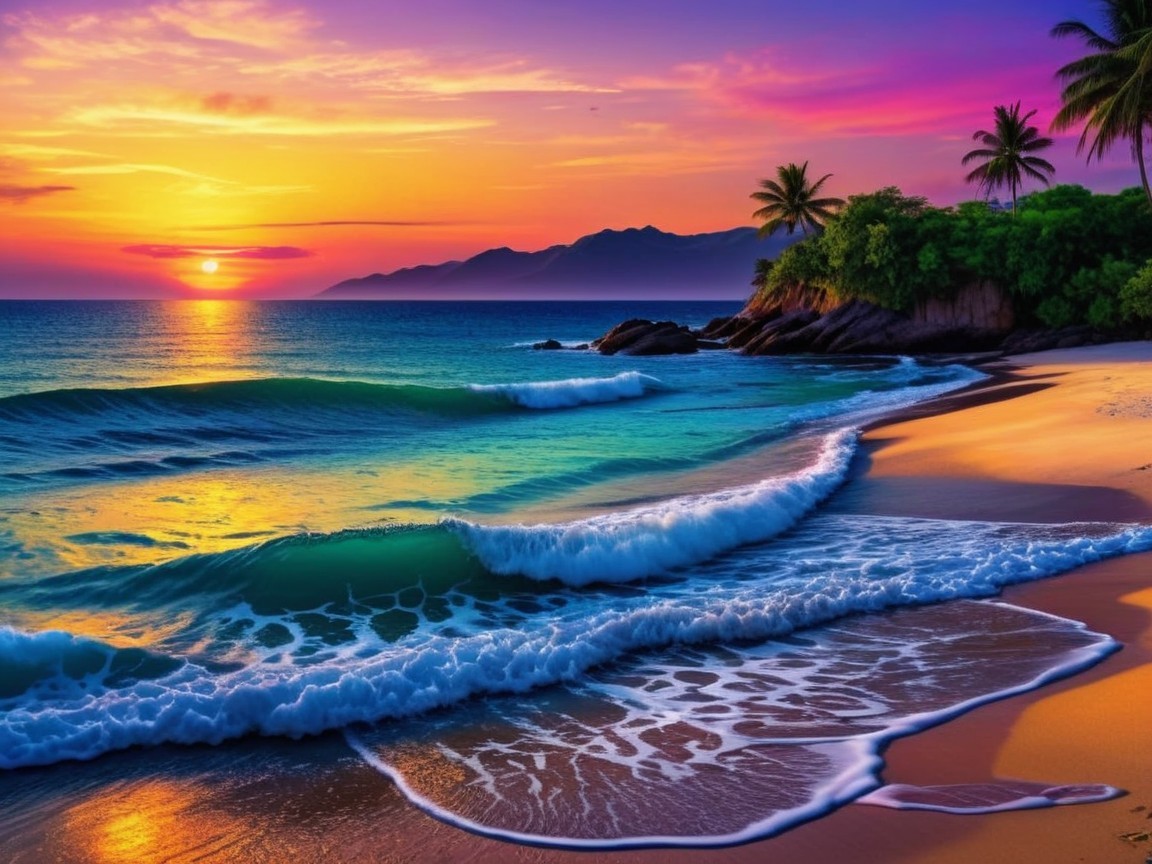 Serene Beach Sunset with Vibrant Colors and Palm Trees
