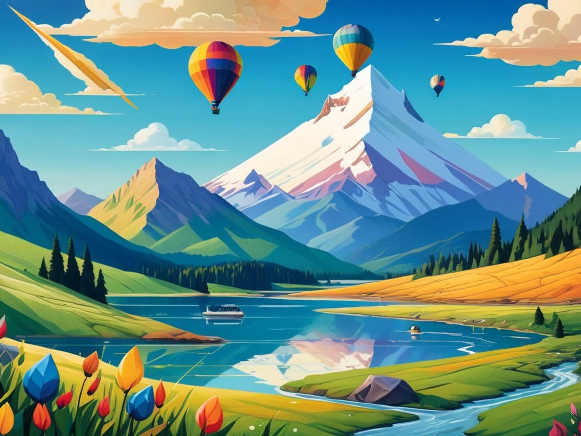 Colorful Hot Air Balloons Over Snow-Capped Mountains