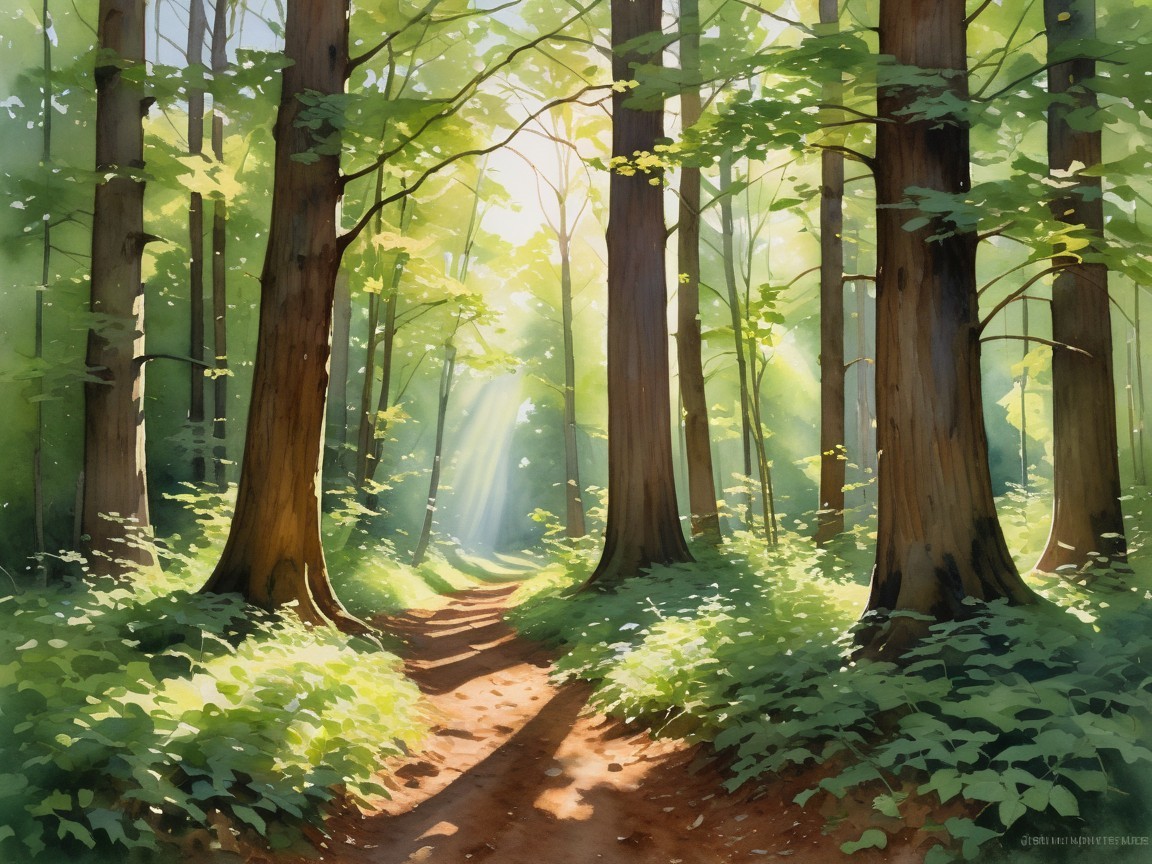 Serene forest scene with sunlight and winding path