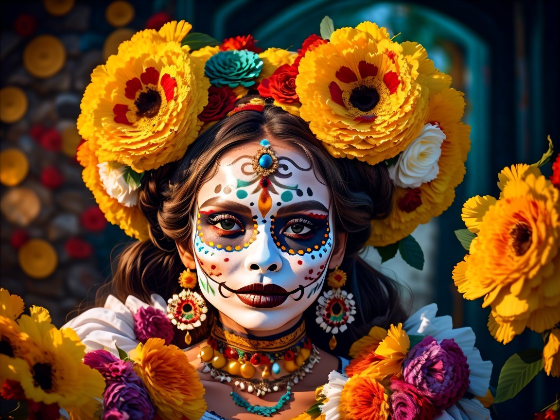 Portrait of a woman with floral adornments and face paint