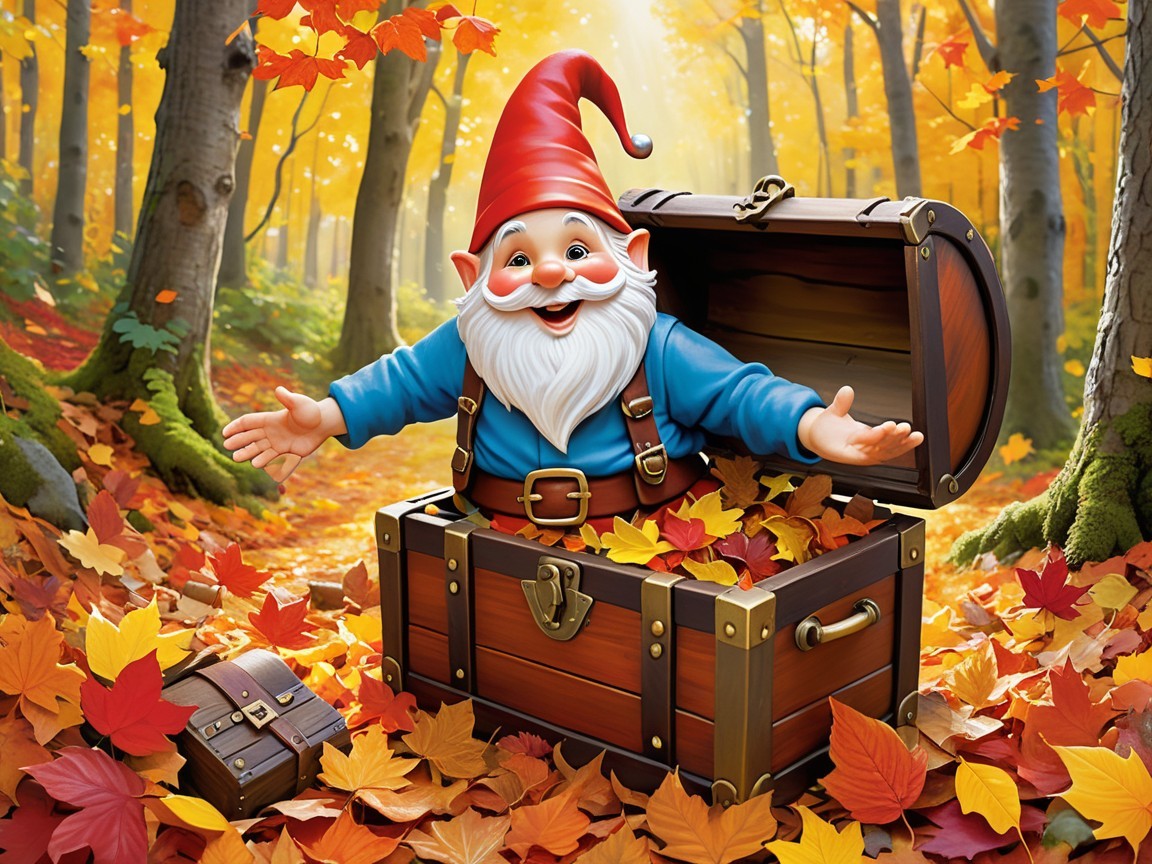 Autumn Forest Scene with Gnome and Treasure Chest