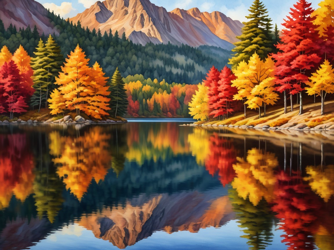 Autumn Landscape with Lake and Majestic Mountains