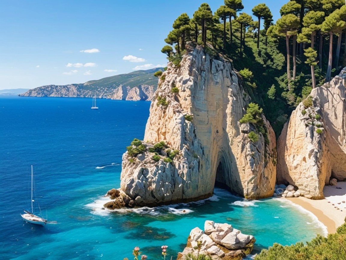 Coastal Scene with Cliffs, Pine Trees, and Sailboat