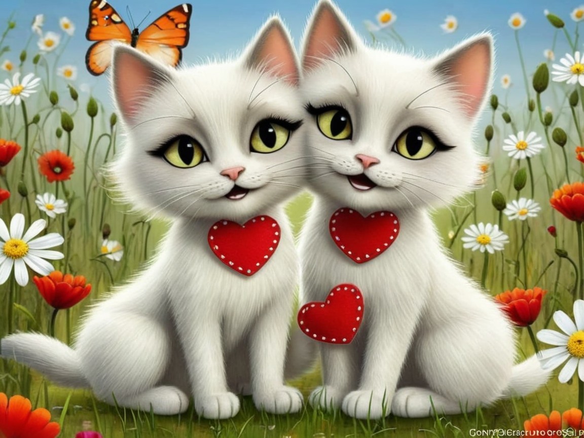 Two White Kittens in a Colorful Meadow Scene