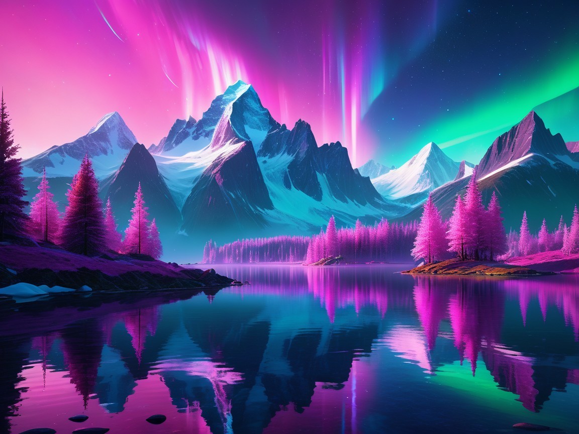 Snowy Mountains and Aurora over a Serene Lake
