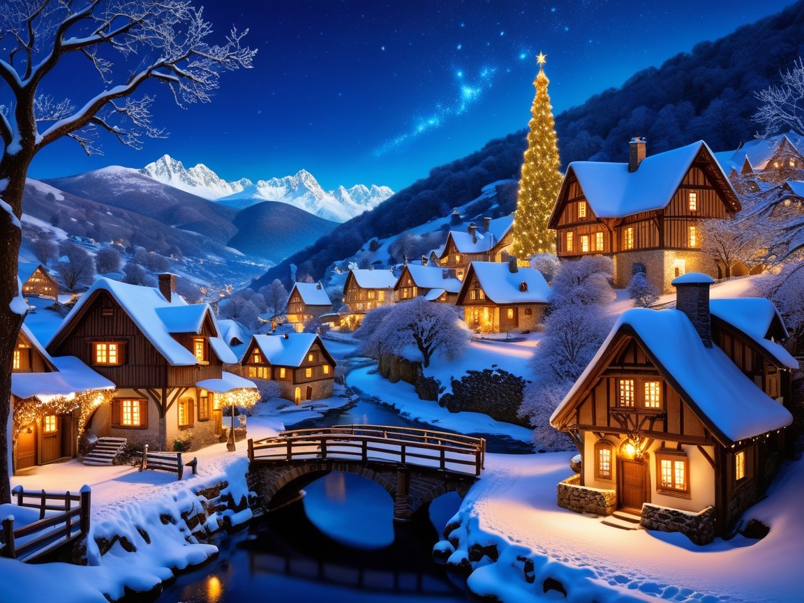 Snowy Village at Night with Mountains and Christmas Tree