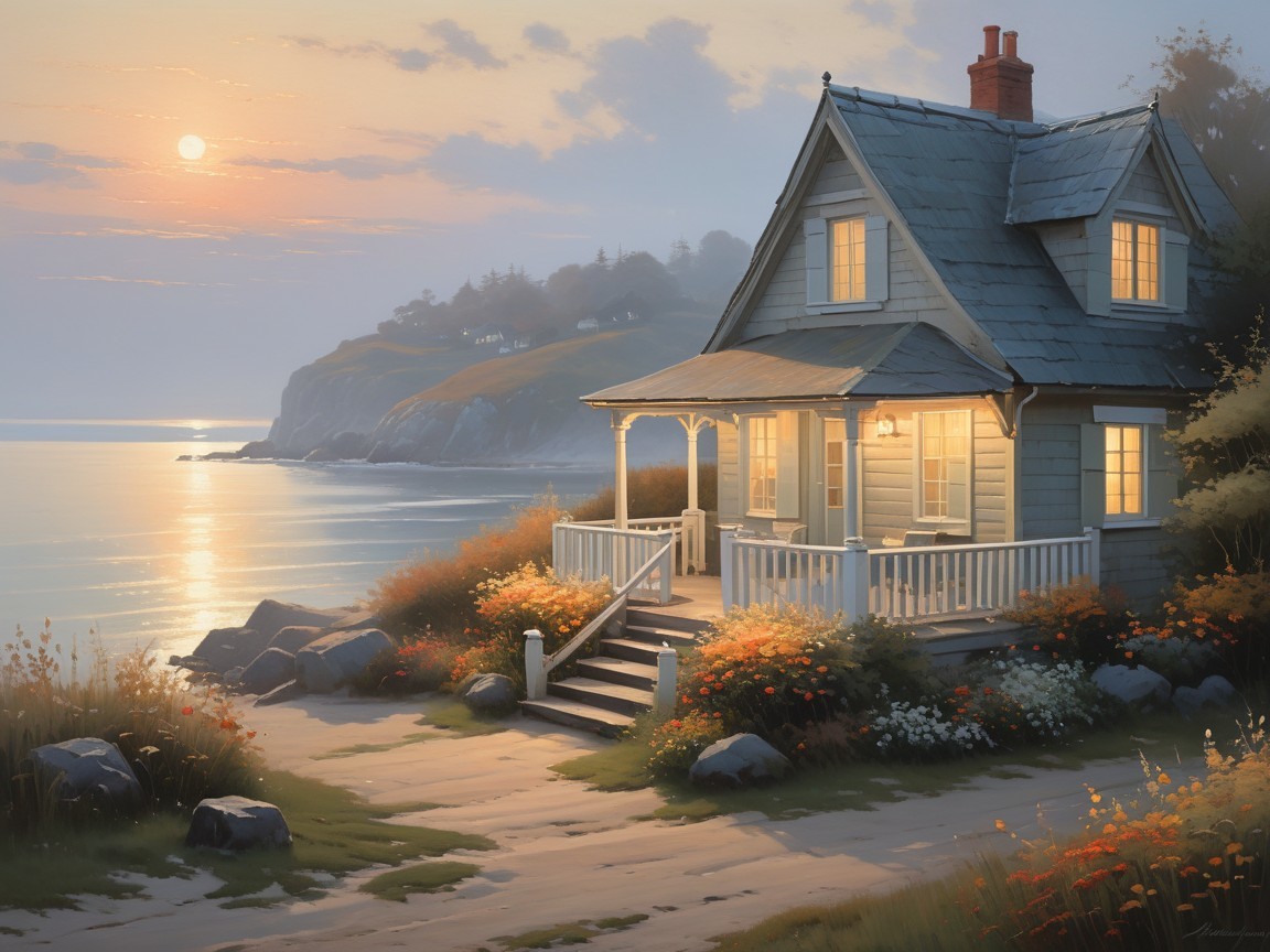 Serene Seaside Cottage at Sunset with Tranquil Landscape