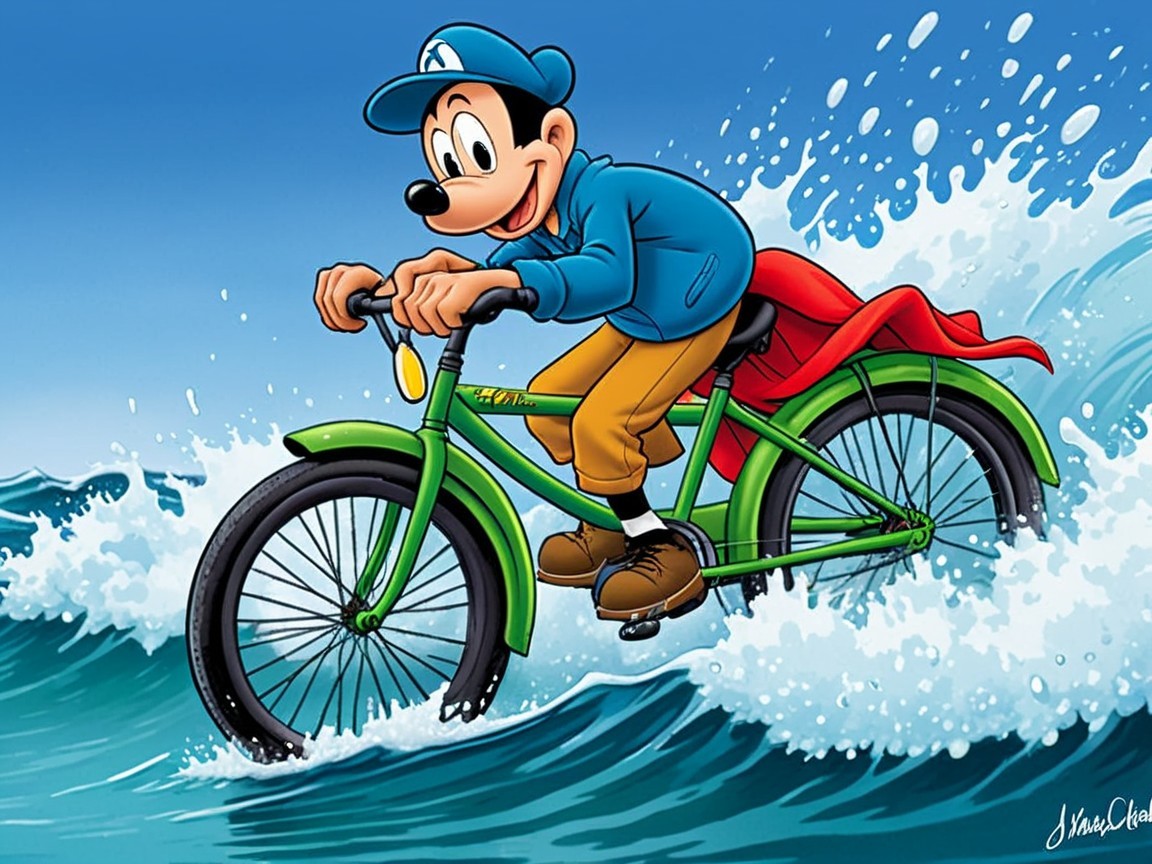 Cartoon Character Riding Bicycle Through Ocean Waves