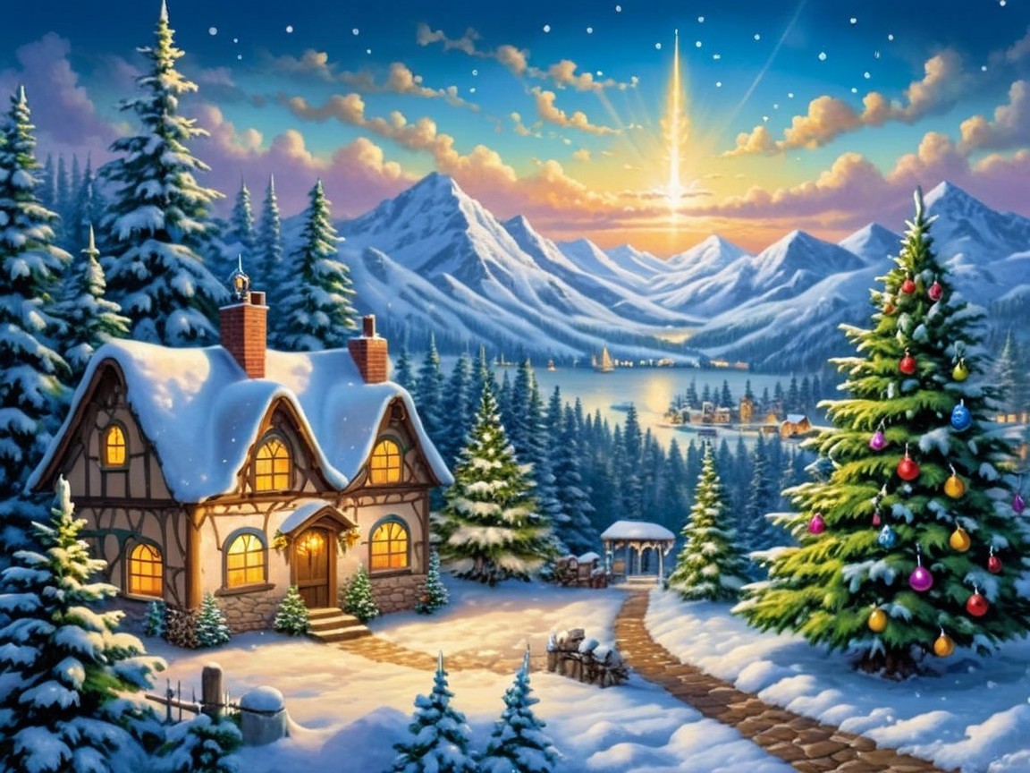 Magical Winter Wonderland with Cabin and Christmas Tree