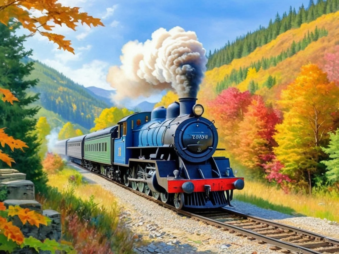 Vintage Steam Train in Autumn Landscape