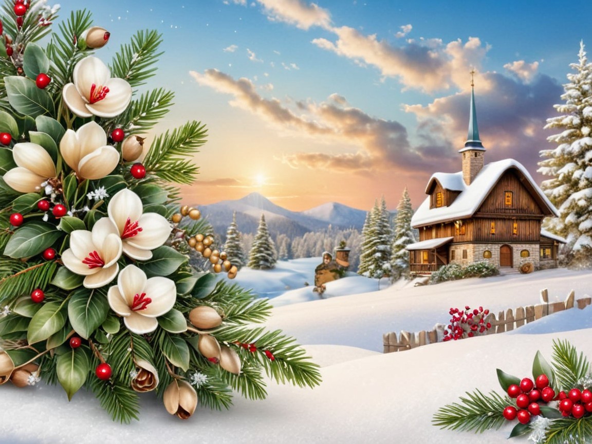 Winter Landscape with Snow-Covered House and Trees