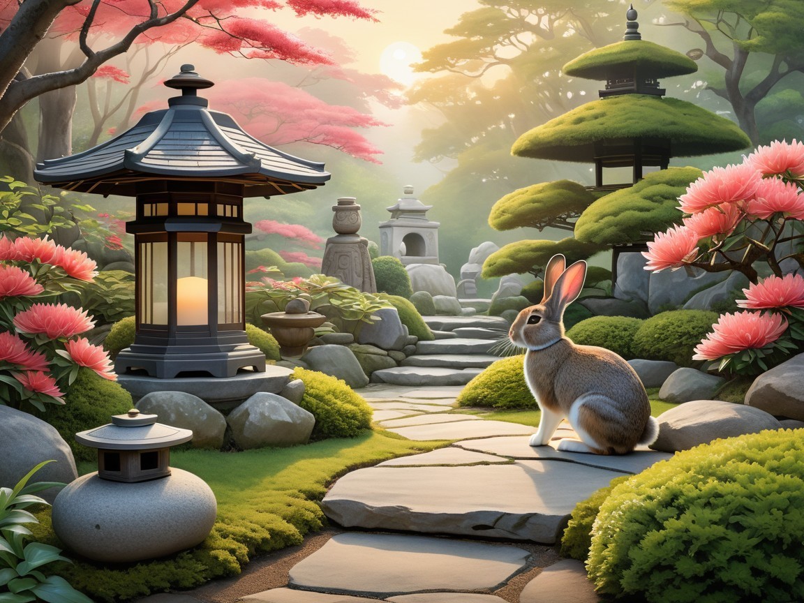 Serene Japanese Garden at Dawn with Cherry Blossoms