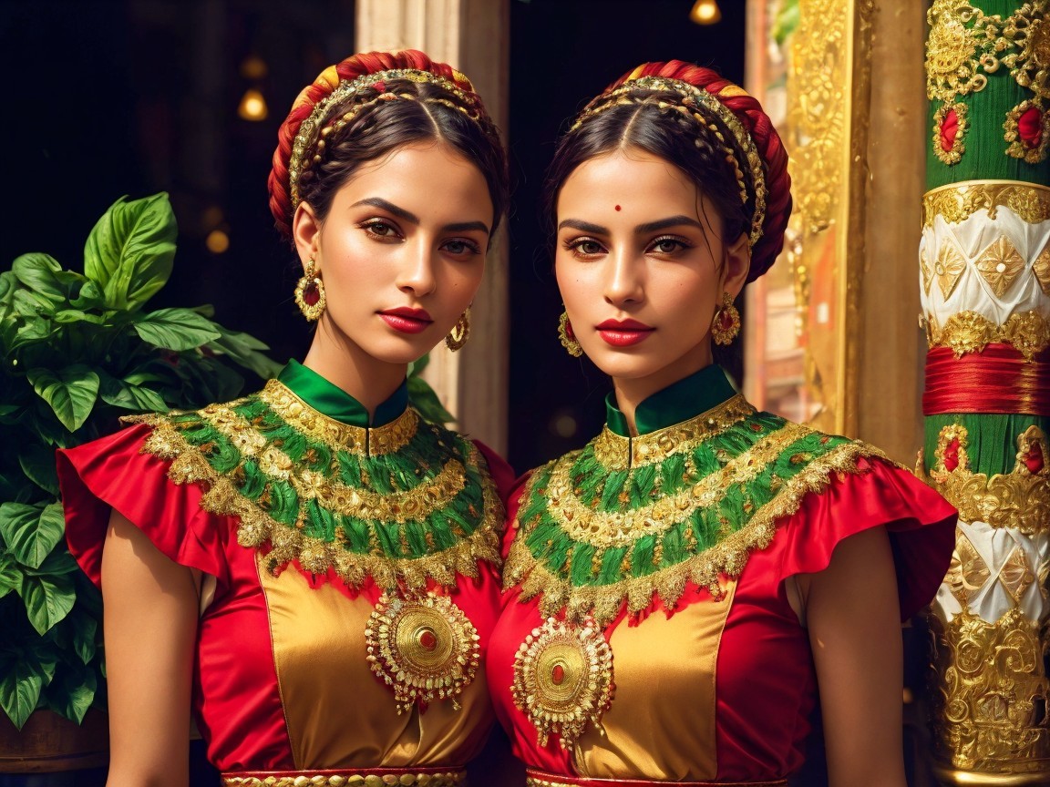 Elegant Women in Traditional Attire with Gold Embellishments