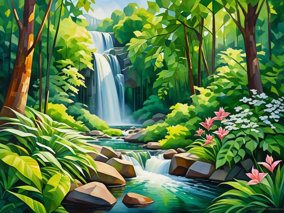 Vibrant Landscape with Waterfall and Clear Stream
