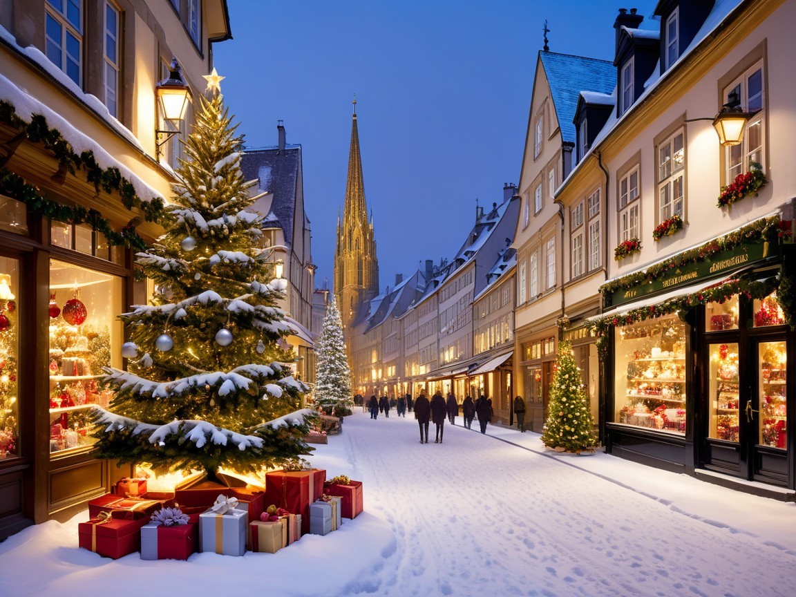 Winter Street Scene with Snow and Evening Lights