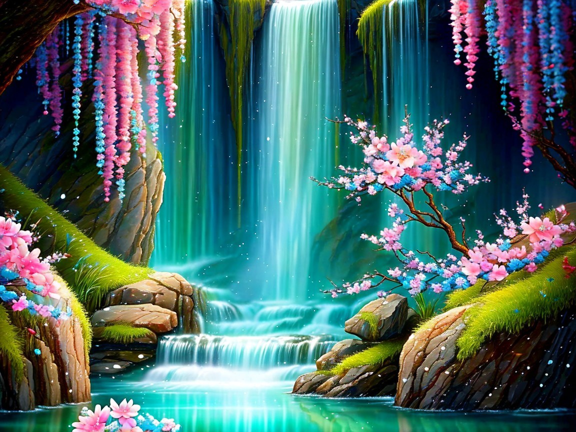 Majestic Waterfall Surrounded by Cherry Blossoms