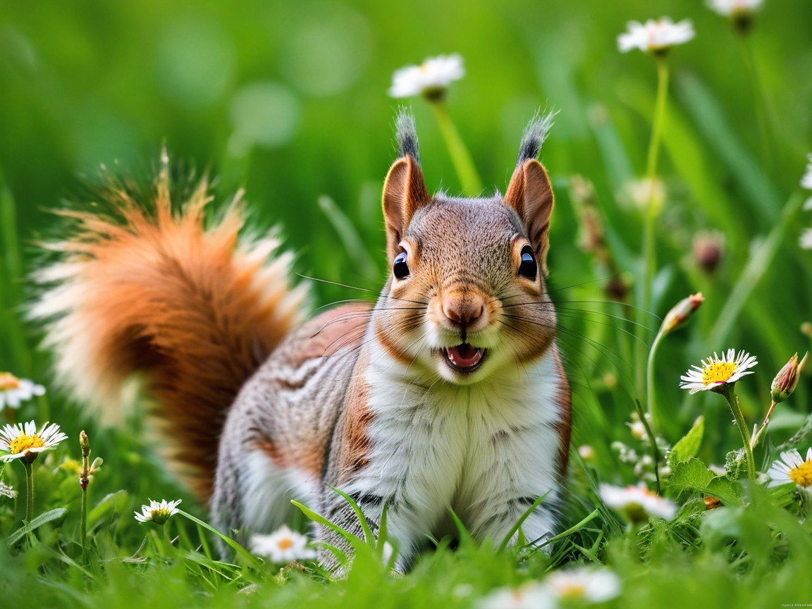 Squirrel in a Green Field Surrounded by Daisies
